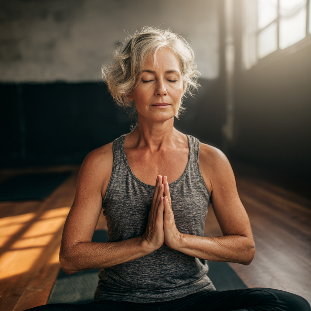 Middle-aged woman practicing gentle yoga poses in peaceful studio setting