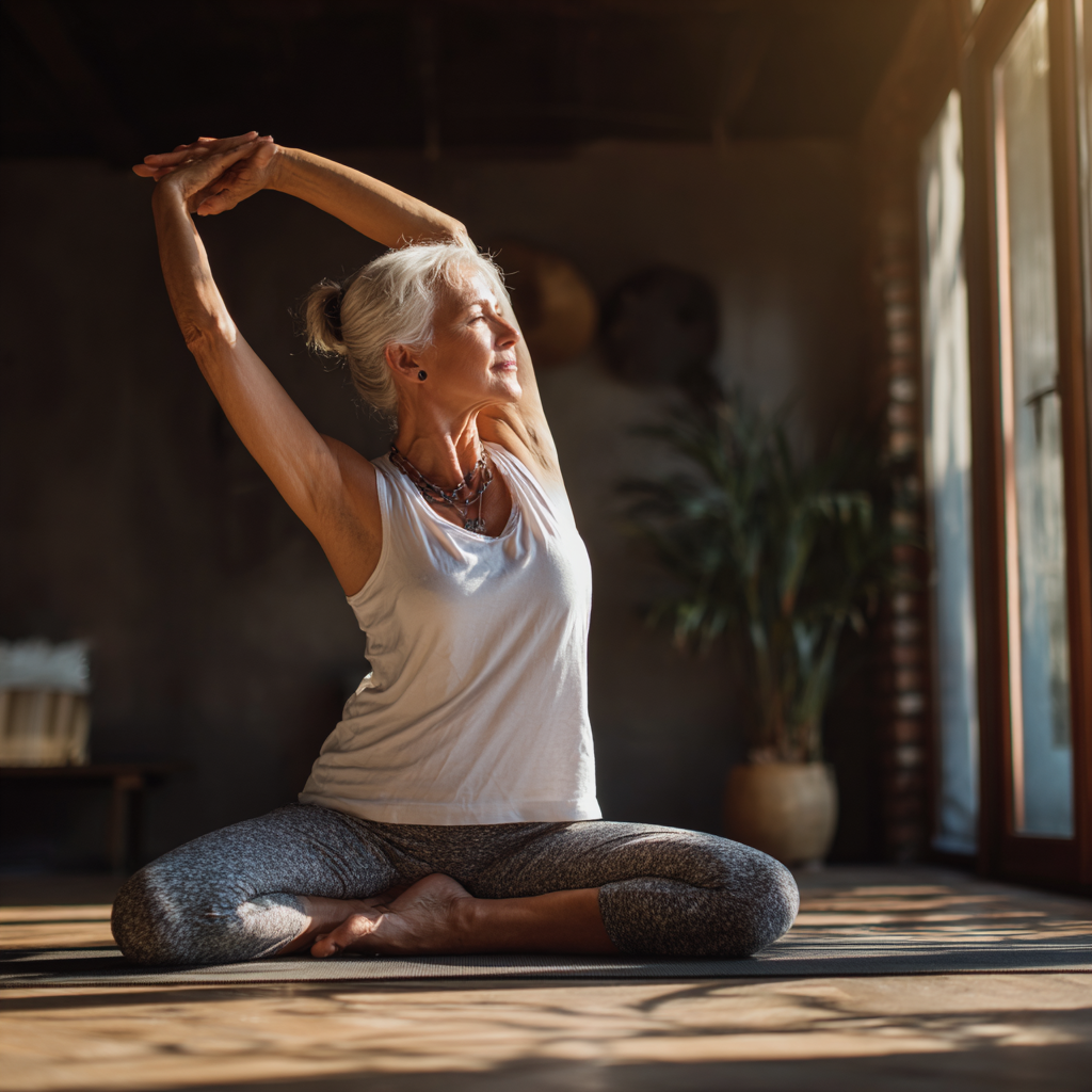 Older adult in comfortable yoga poses during morning practice in natural lighting